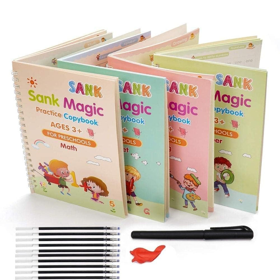 Yazora Magic Practice Copybook Set for Kids | 4 Reusable Handwriting Practice Books with Magic Pen & 10 Refills | Letter, Number & Writing Tracing Workbook for Preschoolers