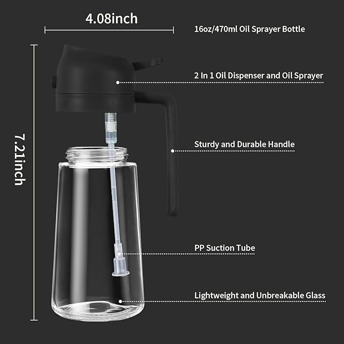 Glass Oil Sprayer and Dispenser Bottle, 500ml Capacity, 2-in-1 Design with Premium Nozzle for Cooking, Black