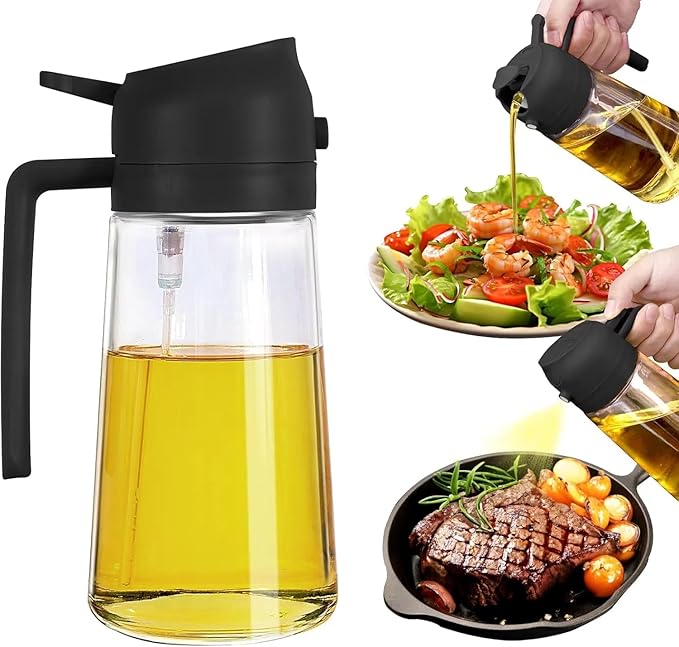 Glass Oil Sprayer and Dispenser Bottle, 500ml Capacity, 2-in-1 Design with Premium Nozzle for Cooking, Black