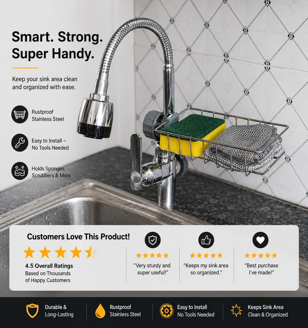 Kitchen Sink Organiser Stainless Steel | Sink Organizer for Kitchen Basin with Drainage | Sponge Holder for Kitchen Sink | Soap Stand for Kitchen Sink | Sink Caddy