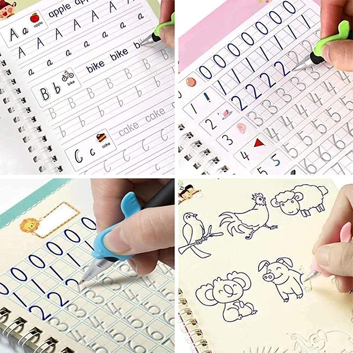 Yazora Magic Practice Copybook Set for Kids | 4 Reusable Handwriting Practice Books with Magic Pen & 10 Refills | Letter, Number & Writing Tracing Workbook for Preschoolers