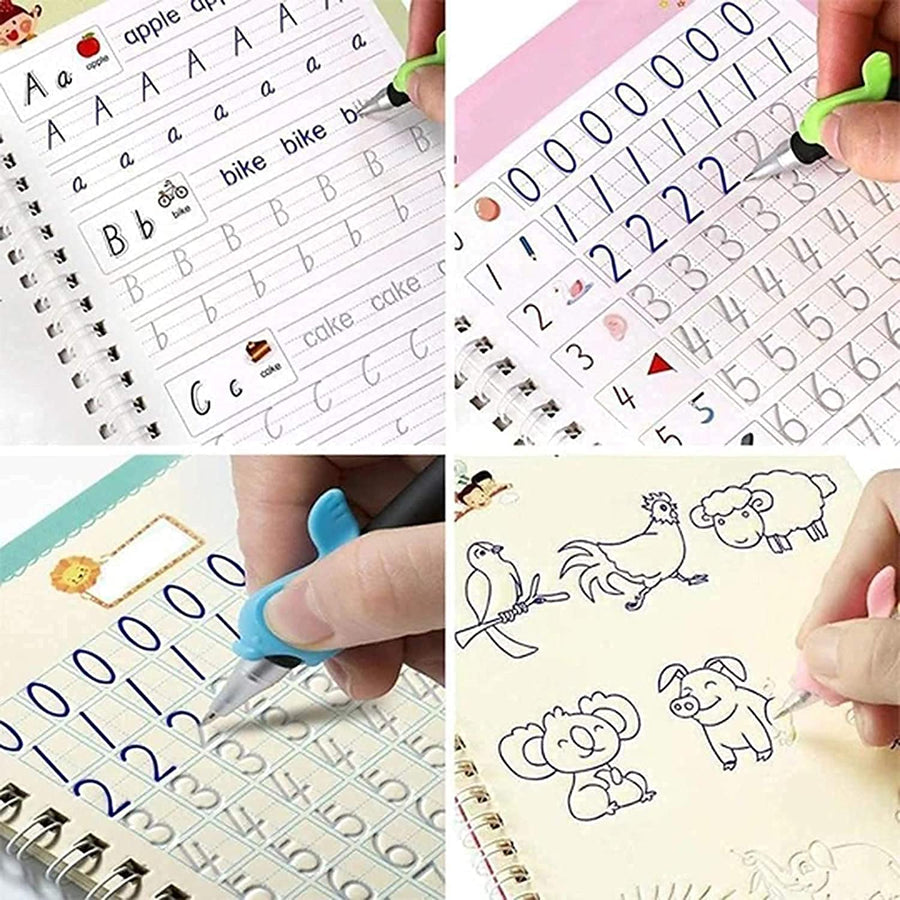 Yazora Magic Practice Copybook Set for Kids | 4 Reusable Handwriting Practice Books with Magic Pen & 10 Refills | Letter, Number & Writing Tracing Workbook for Preschoolers