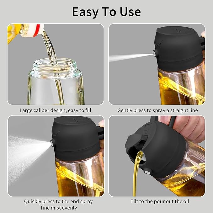Glass Oil Sprayer and Dispenser Bottle, 500ml Capacity, 2-in-1 Design with Premium Nozzle for Cooking, Black