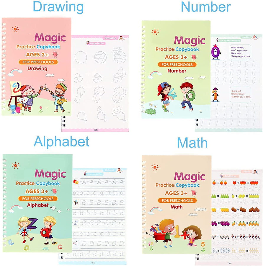 Yazora Magic Practice Copybook Set for Kids | 4 Reusable Handwriting Practice Books with Magic Pen & 10 Refills | Letter, Number & Writing Tracing Workbook for Preschoolers