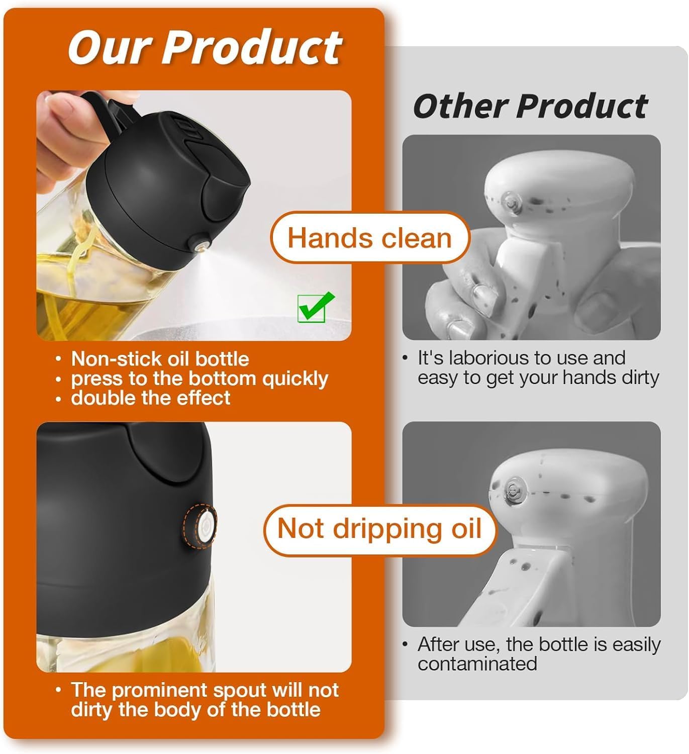 Glass Oil Sprayer and Dispenser Bottle, 500ml Capacity, 2-in-1 Design with Premium Nozzle for Cooking, Black