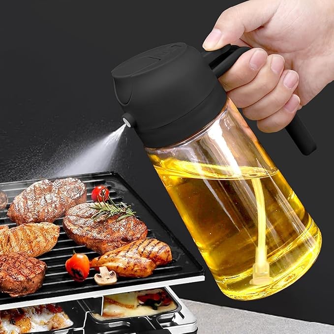 Glass Oil Sprayer and Dispenser Bottle, 500ml Capacity, 2-in-1 Design with Premium Nozzle for Cooking, Black