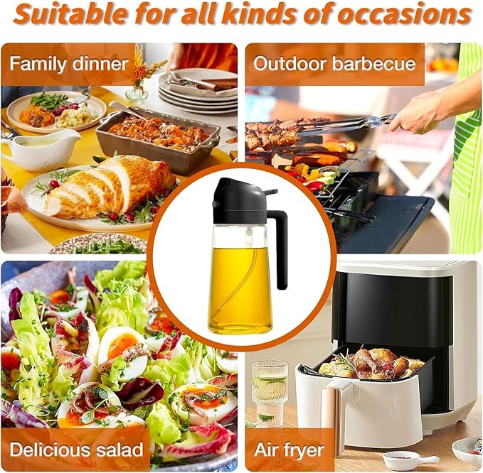Glass Oil Sprayer and Dispenser Bottle, 500ml Capacity, 2-in-1 Design with Premium Nozzle for Cooking, Black