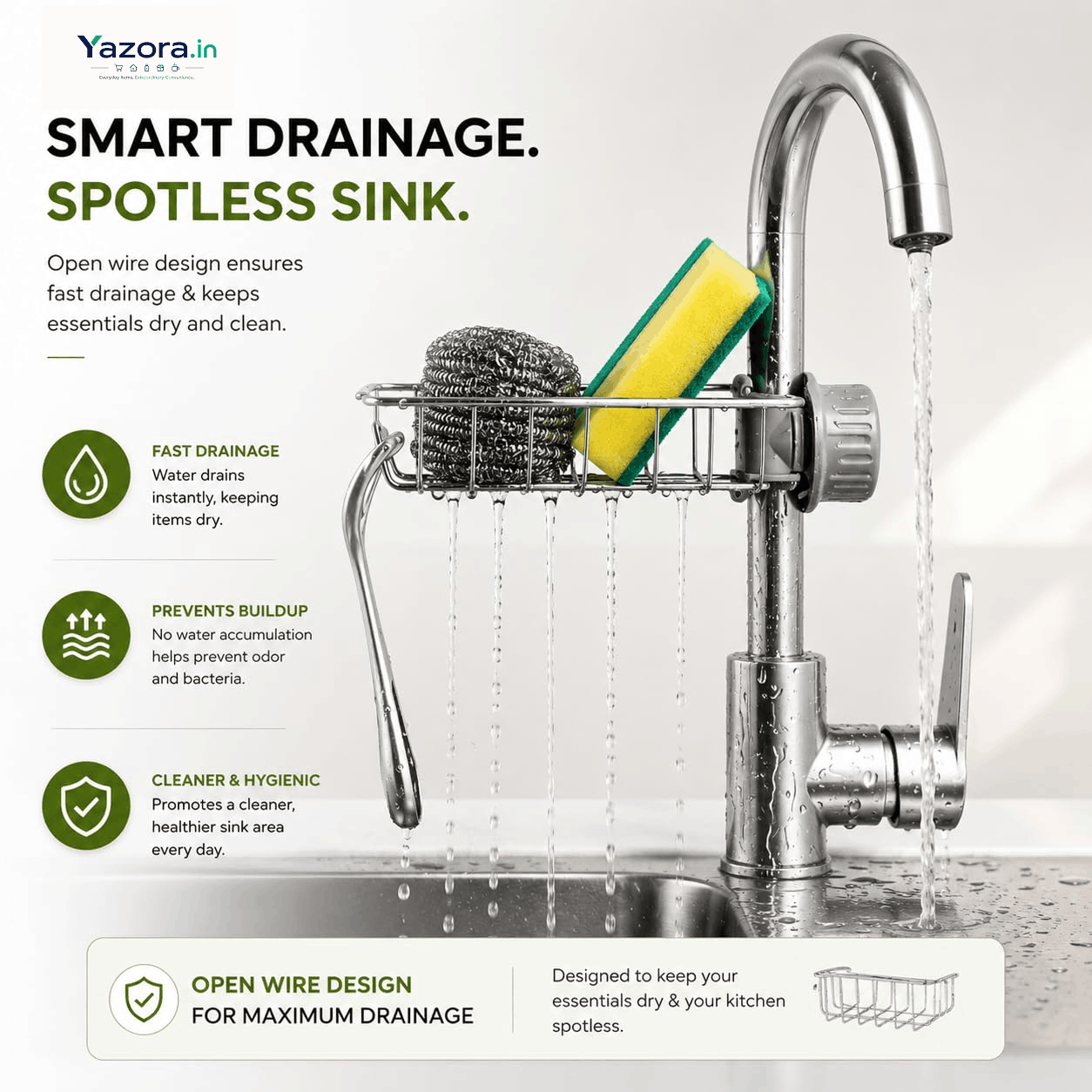 Kitchen Sink Organiser Stainless Steel | Sink Organizer for Kitchen Basin with Drainage | Sponge Holder for Kitchen Sink | Soap Stand for Kitchen Sink | Sink Caddy